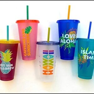 Starbucks Hawaii Collection Reusable Cold Cups 5 cups With Lids and 5 Straws